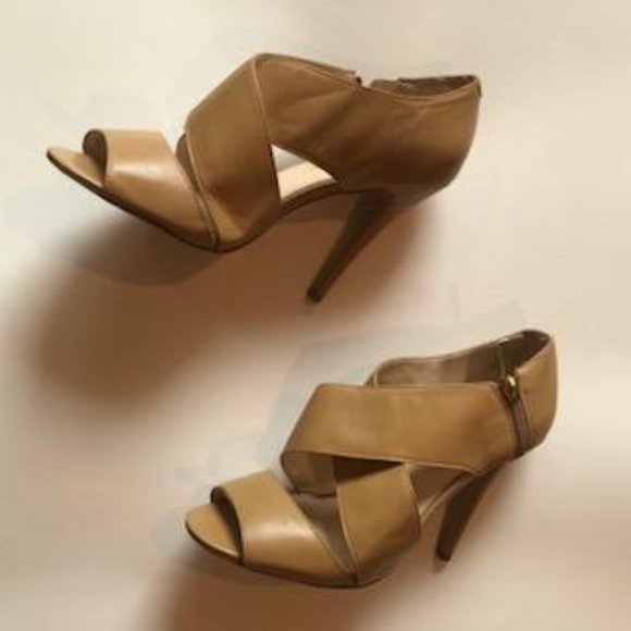Nine West, Size 7.5M, Women's, Leather Upper, Open Toe Heels, Tan - Picture 2 of 9